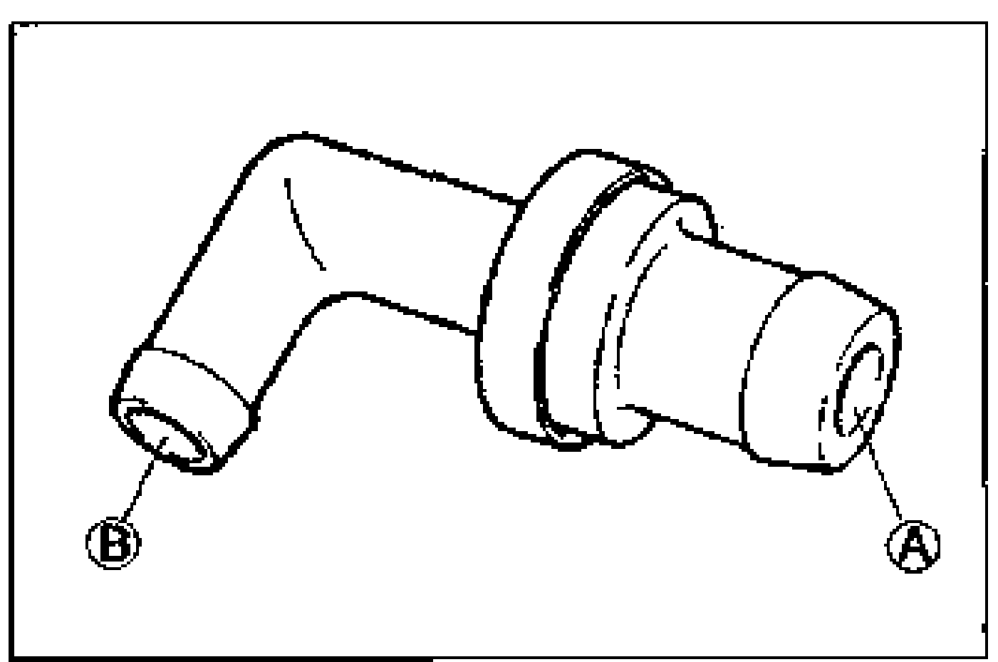 Detail drawing of the PCV valve itself (elbow-shaped valve) with its two ports identified by callout balloons: port B at the lower/left opening and port A at the right opening.