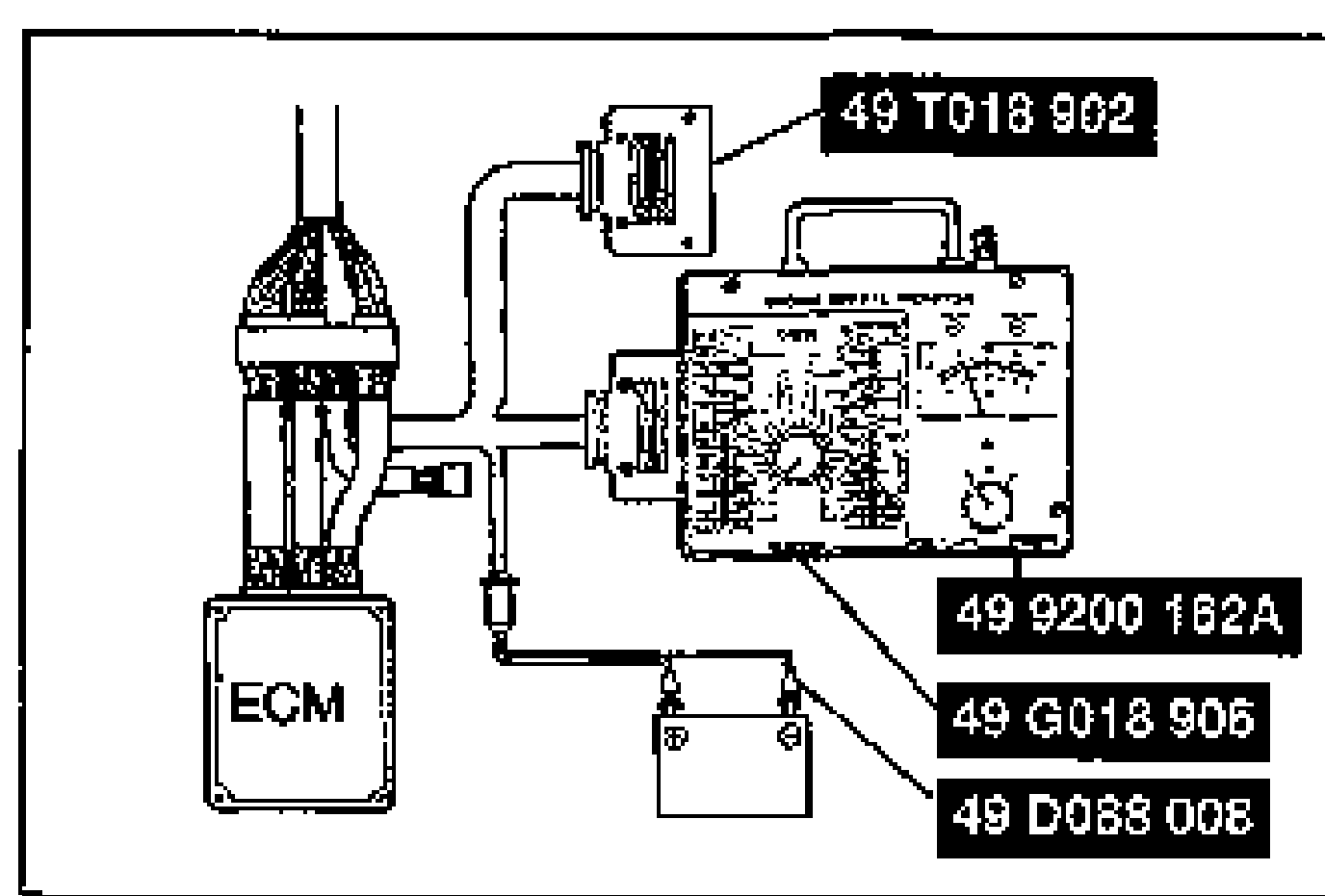 Hookup illustration for the system inspection. The ECM is connected via an Engine Signal Monitor and Adaptor Harness to the battery, with the special service tools labelled: 49 T018 902, 49 9200 162A, 49 G018 906, and 49 D088 008.