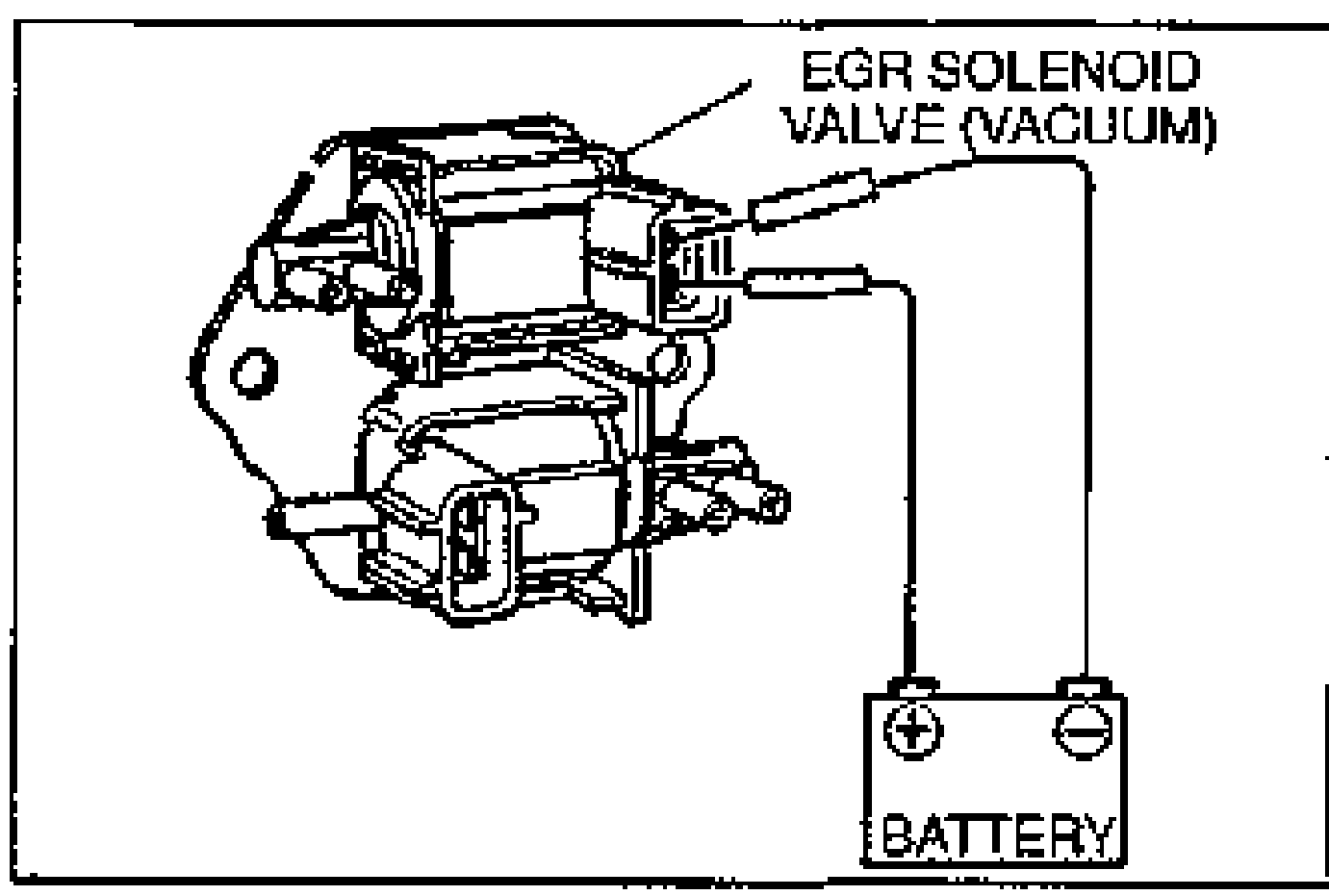 EGR solenoid valve (Vacuum) shown disconnected with battery positive voltage and ground applied as the inspection requires. Labelled EGR SOLENOID VALVE (VACUUM); a battery is drawn below with + and − terminals.