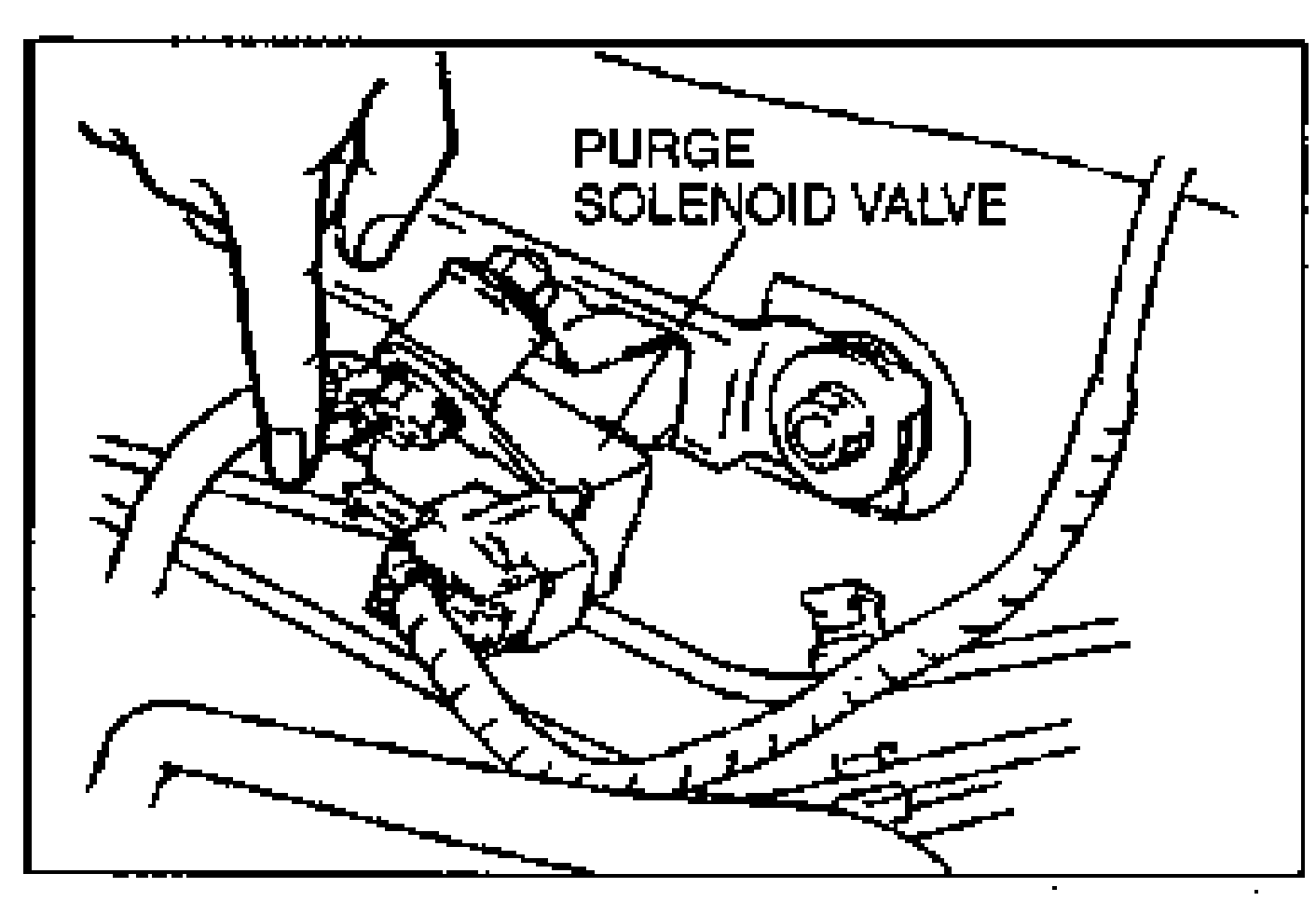 Engine-bay view showing the PURGE SOLENOID VALVE with a hand disconnecting the vacuum hose from it. Labelled PURGE SOLENOID VALVE.