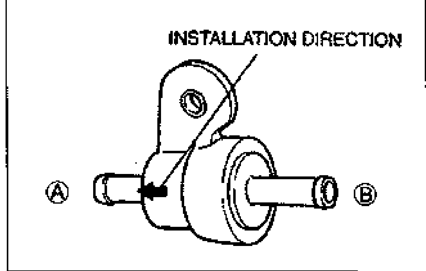 Drawing of the two-way check valve with ports A (left) and B (right) and an arrow labelled INSTALLATION DIRECTION pointing into the valve.