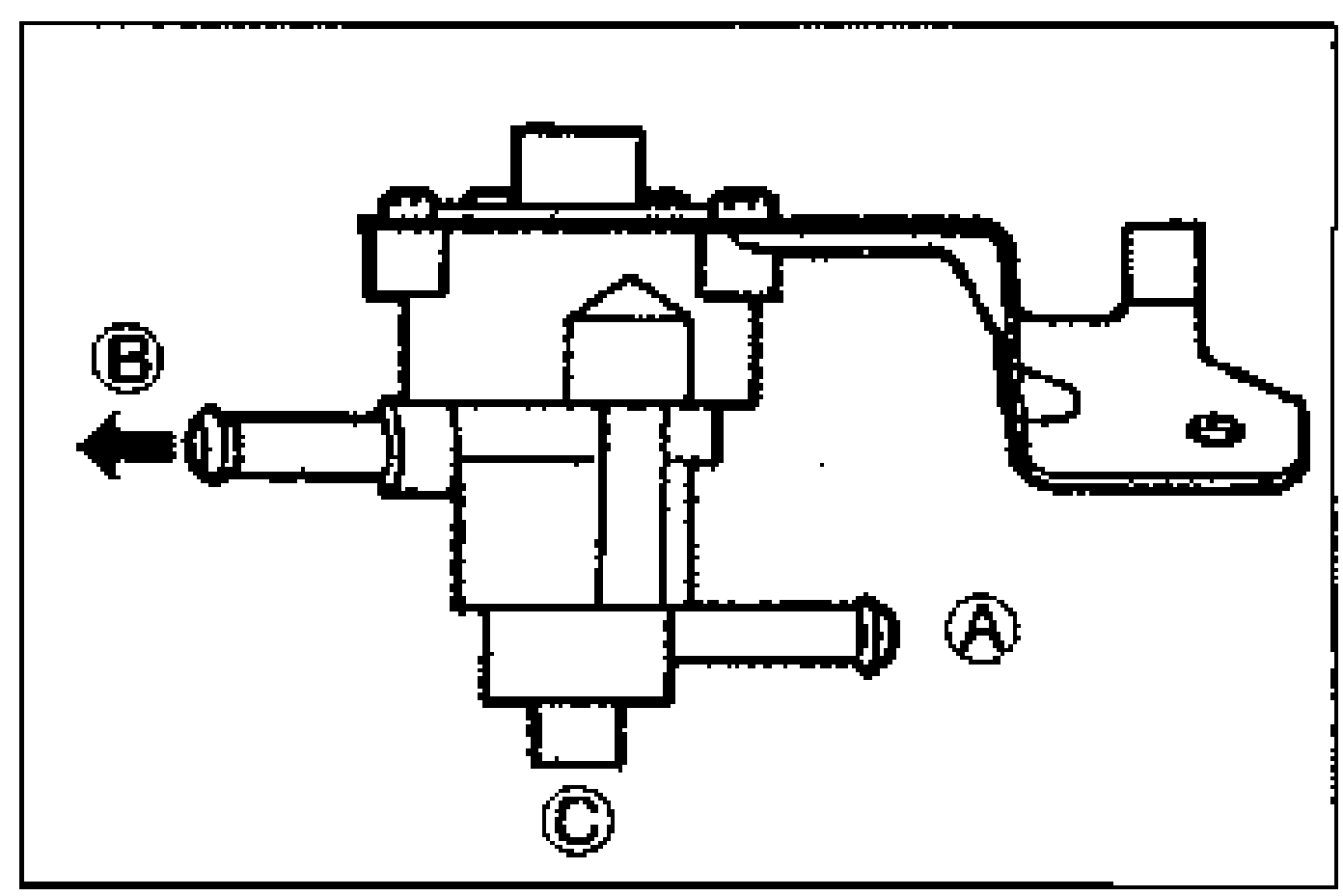 Drawing of the check-and-cut valve mounted on its bracket, with ports labelled A (right), B (left, with airflow arrow), and C (bottom).