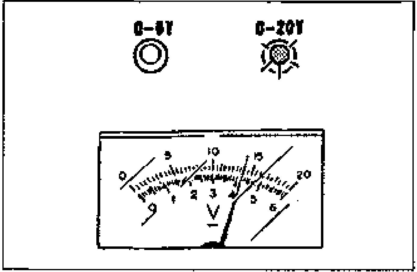 Engine Signal Monitor indicator detail: green LED on 0-8V range shown off and red LED on 0-20V range illuminated, above an analog meter face graduated 0-20 V and 0-6.
