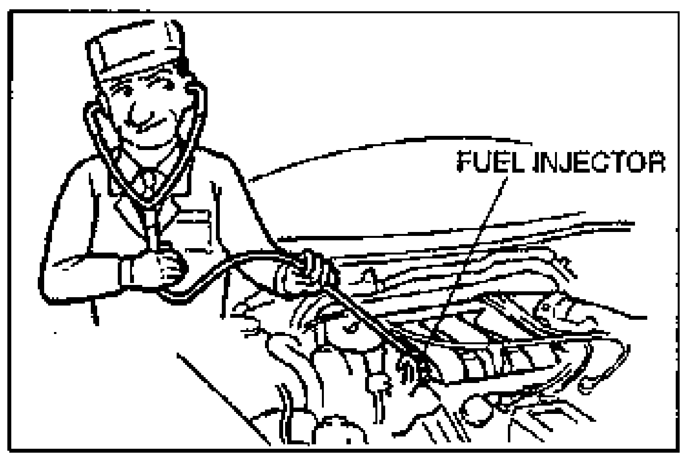 Illustration of a technician using a stethoscope/sound probe held against the engine to listen to the fuel injector operating sound. Leader labels FUEL INJECTOR.