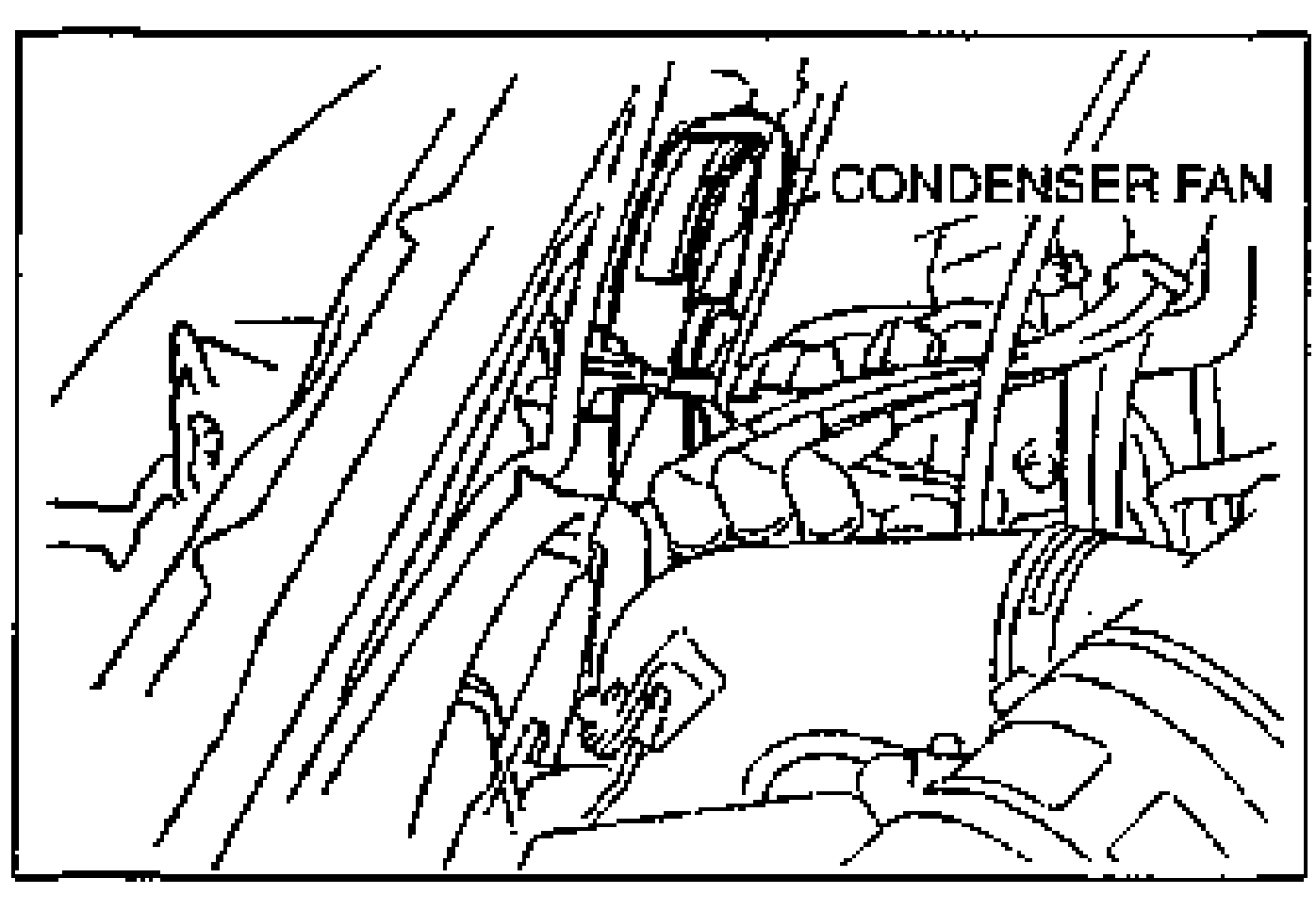 Line drawing of the engine bay area showing the condenser fan location. Leader label CONDENSER FAN.