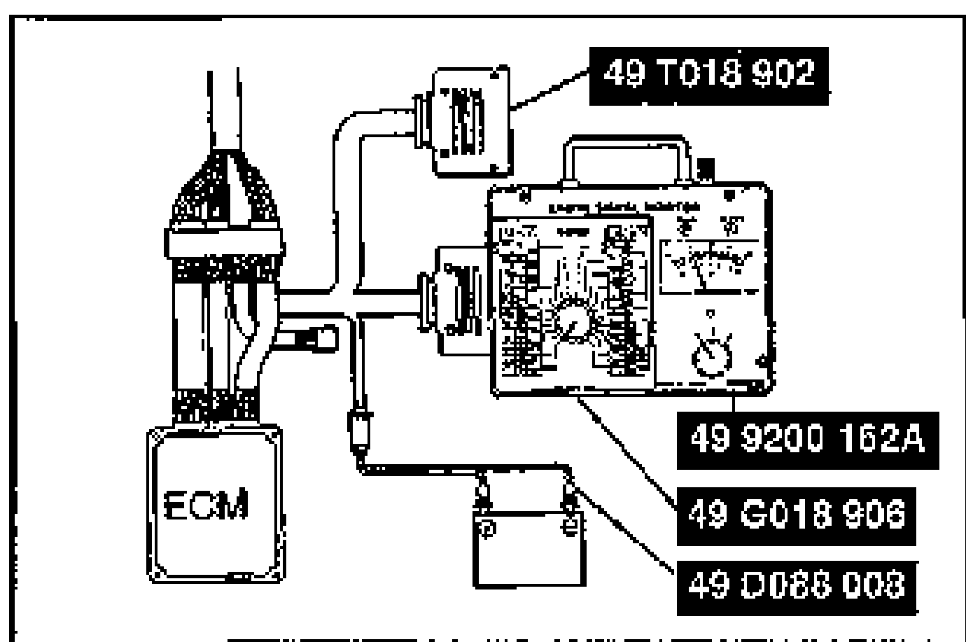 Diagram of the ECM inspection hookup: the ECM connector connects via SST adapter harness (49 T018 902) and harness adapter (49 D088 008) to the Engine Signal Monitor (49 9200 162A) fitted with the 64-pin sheet (49 G018 906).