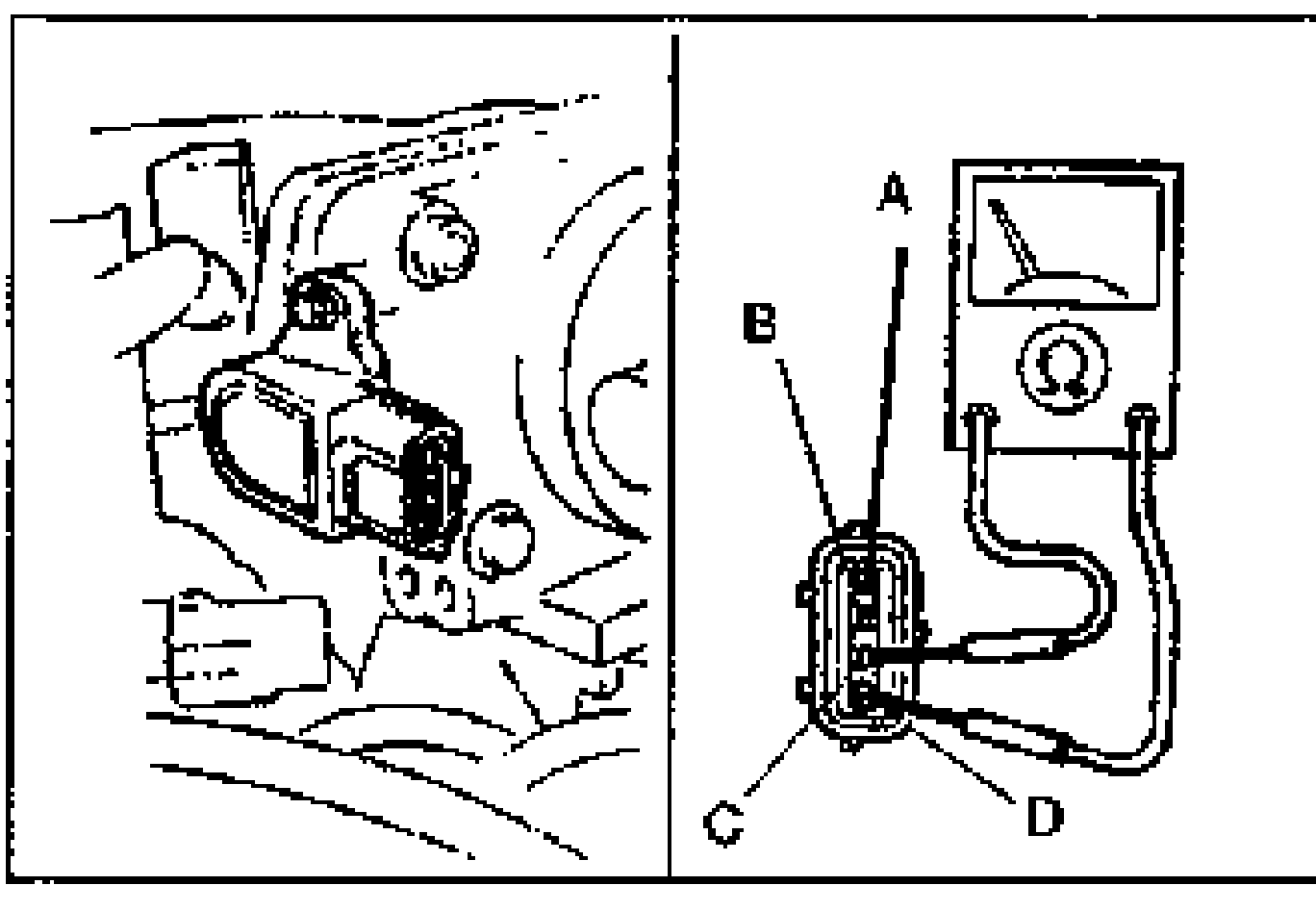 Variable resistor check: throttle position sensor with a circuit tester (ohmmeter/voltmeter) connected. Test leads labeled A and B at the meter, and connector terminals C and D at the sensor.