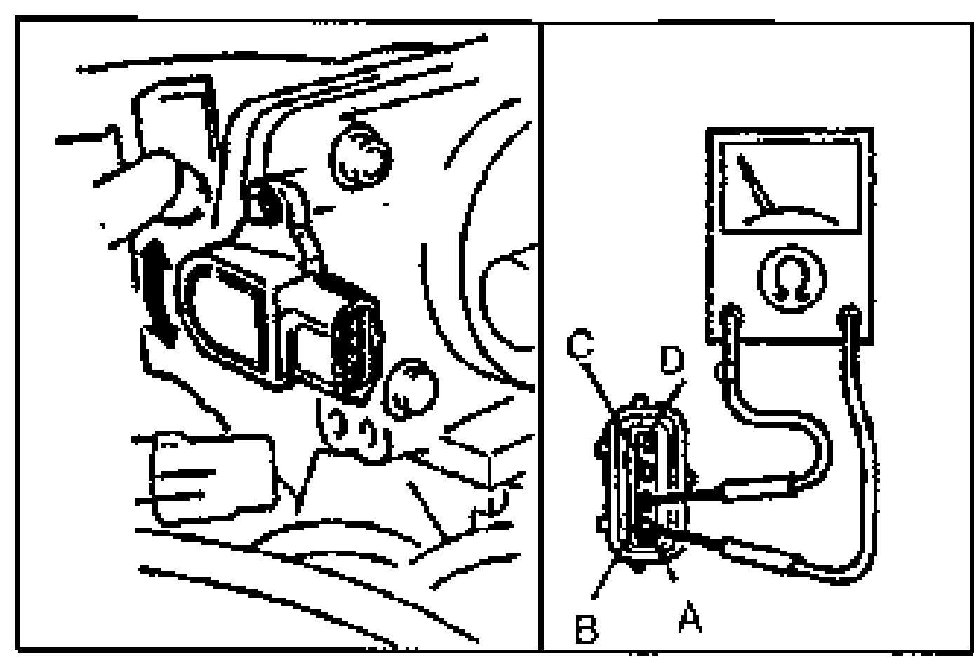 Two sub-figures: left shows the throttle position sensor mounted on the throttle body; right shows a circuit tester (ohmmeter) connected to the sensor connector with leads/terminals labeled C, D (top) and B, A (bottom).