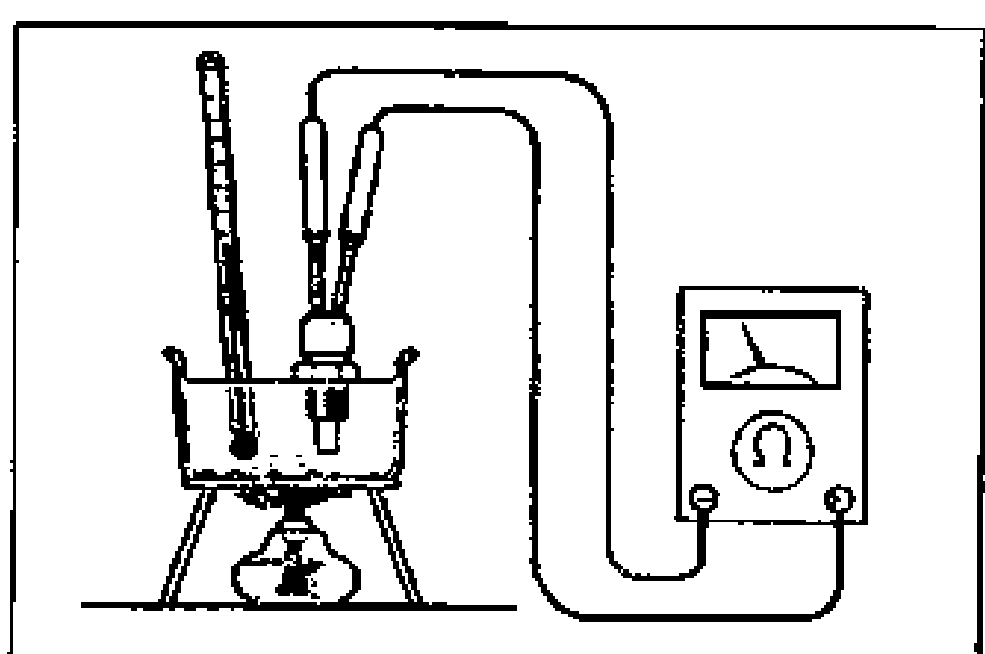 Inspection setup: the coolant temperature sensor and a thermometer are submerged in a beaker of water heated over a burner; an ohmmeter is connected to the sensor to measure resistance versus temperature.