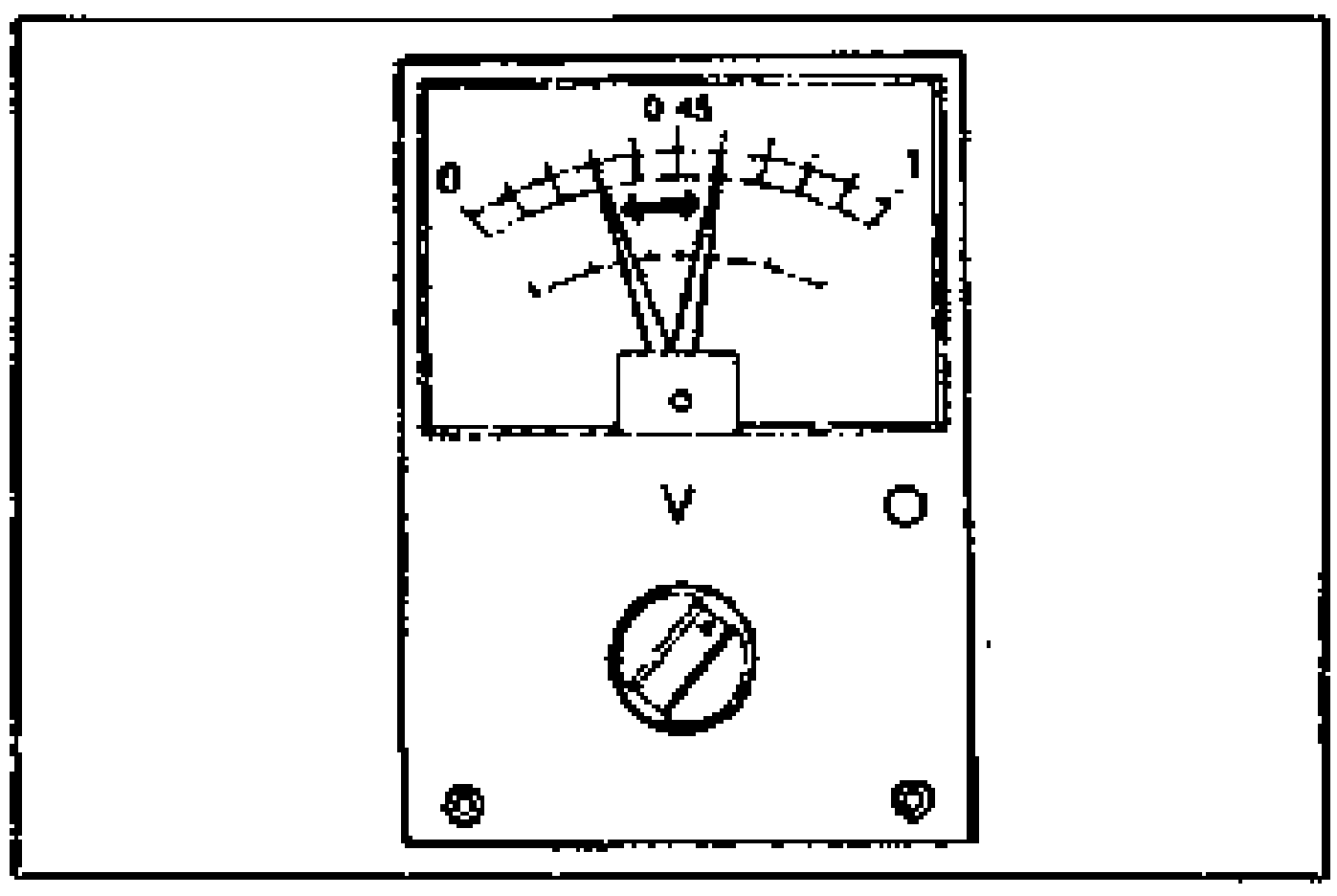 Analog voltmeter face showing a needle near 0.45 V with a scale from 0 to 1, illustrating the expected reading during the oxygen sensor measurement.