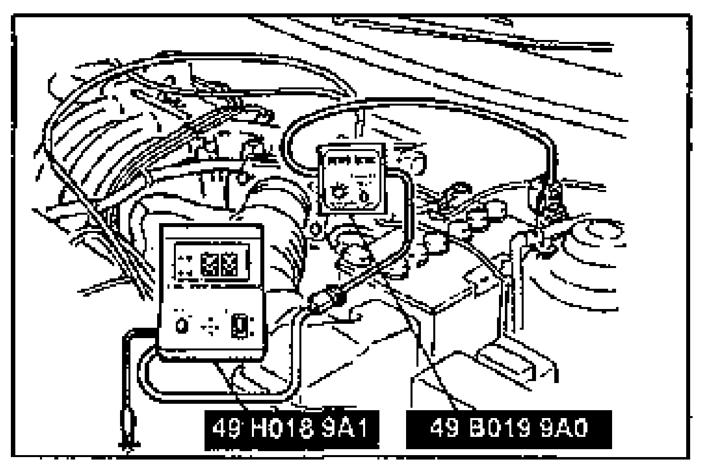 Engine-bay view showing the SSTs (System Selector and Self-Diagnosis Checker) connected to the data link connector. Two tool boxes are labeled with their part numbers.