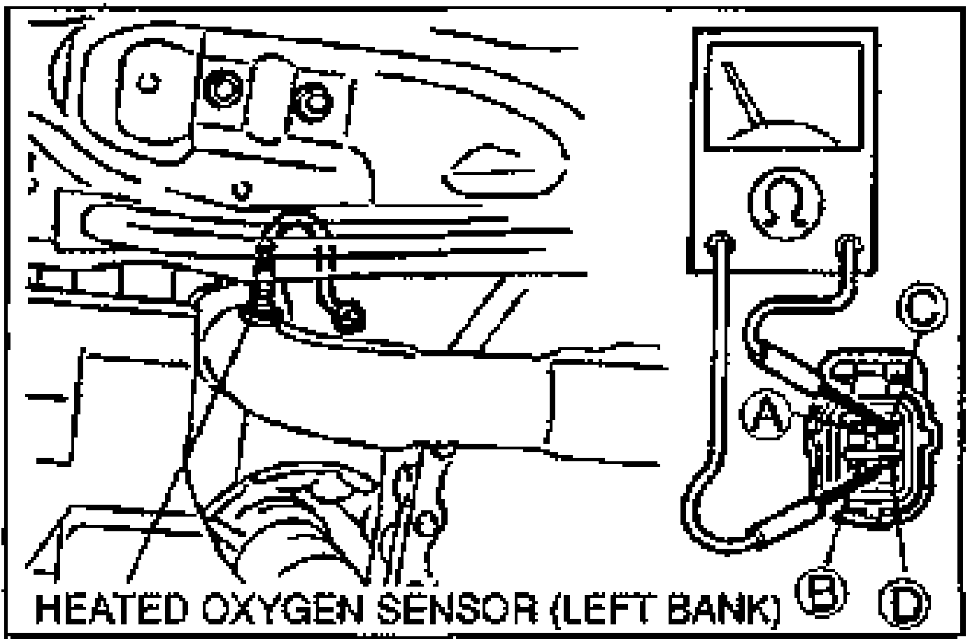 Heated oxygen sensor (left bank) heater connector with an ohmmeter connected to measure resistance between terminals C and D. Connector terminals labeled A, B, C, D.