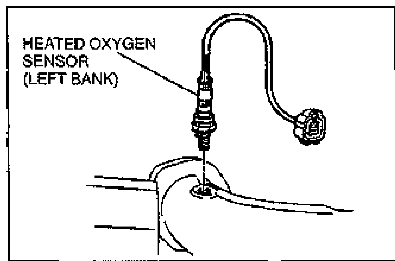 Heated oxygen sensor (left bank) shown threaded into the exhaust pipe with its pigtail lead and connector, illustrating the installed location for the replacement procedure.