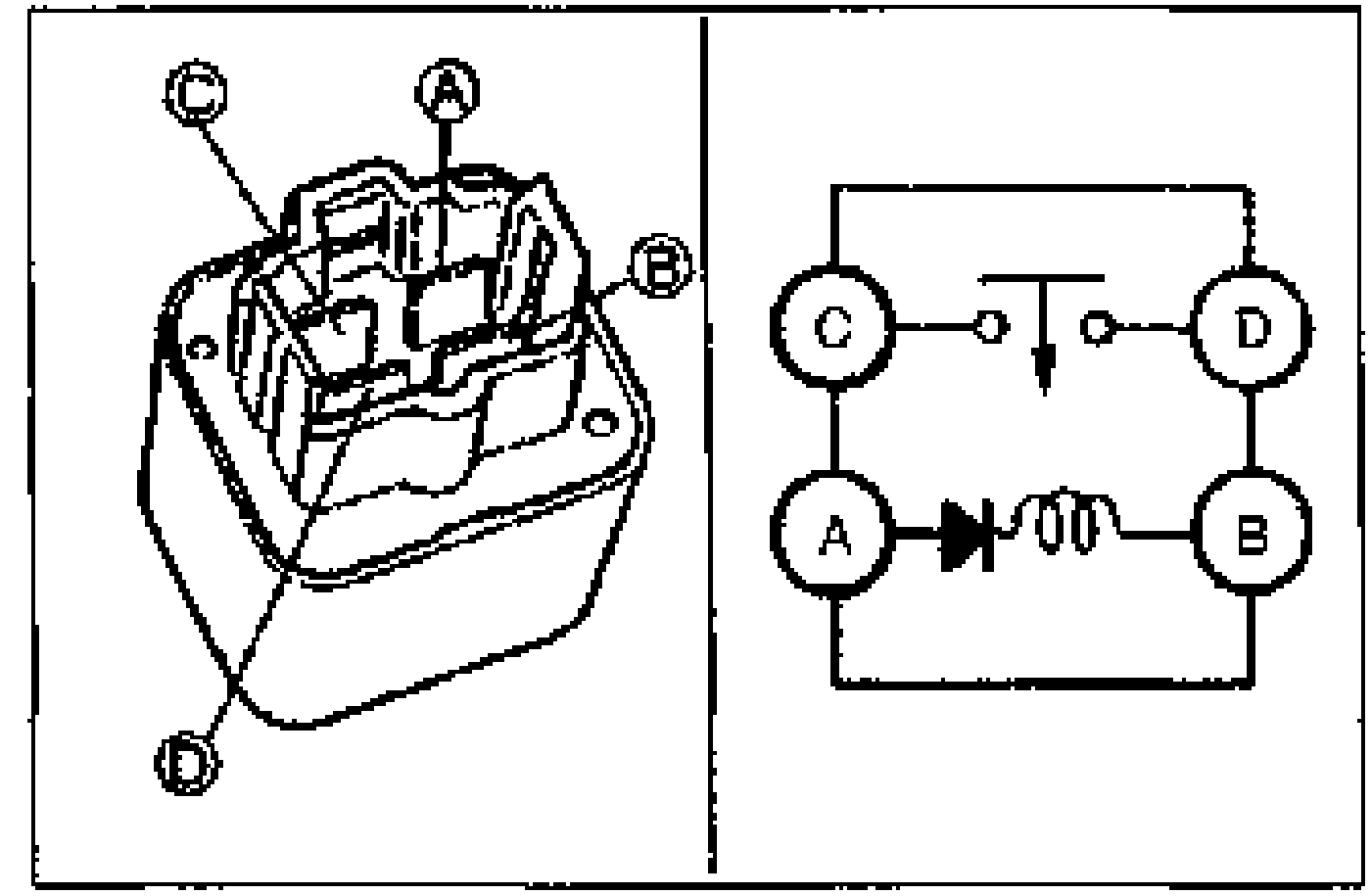 Main relay connector terminal layout (terminals A, B, C, D) on the left, with an internal circuit schematic on the right showing a coil between C and D and a diode between A and B.