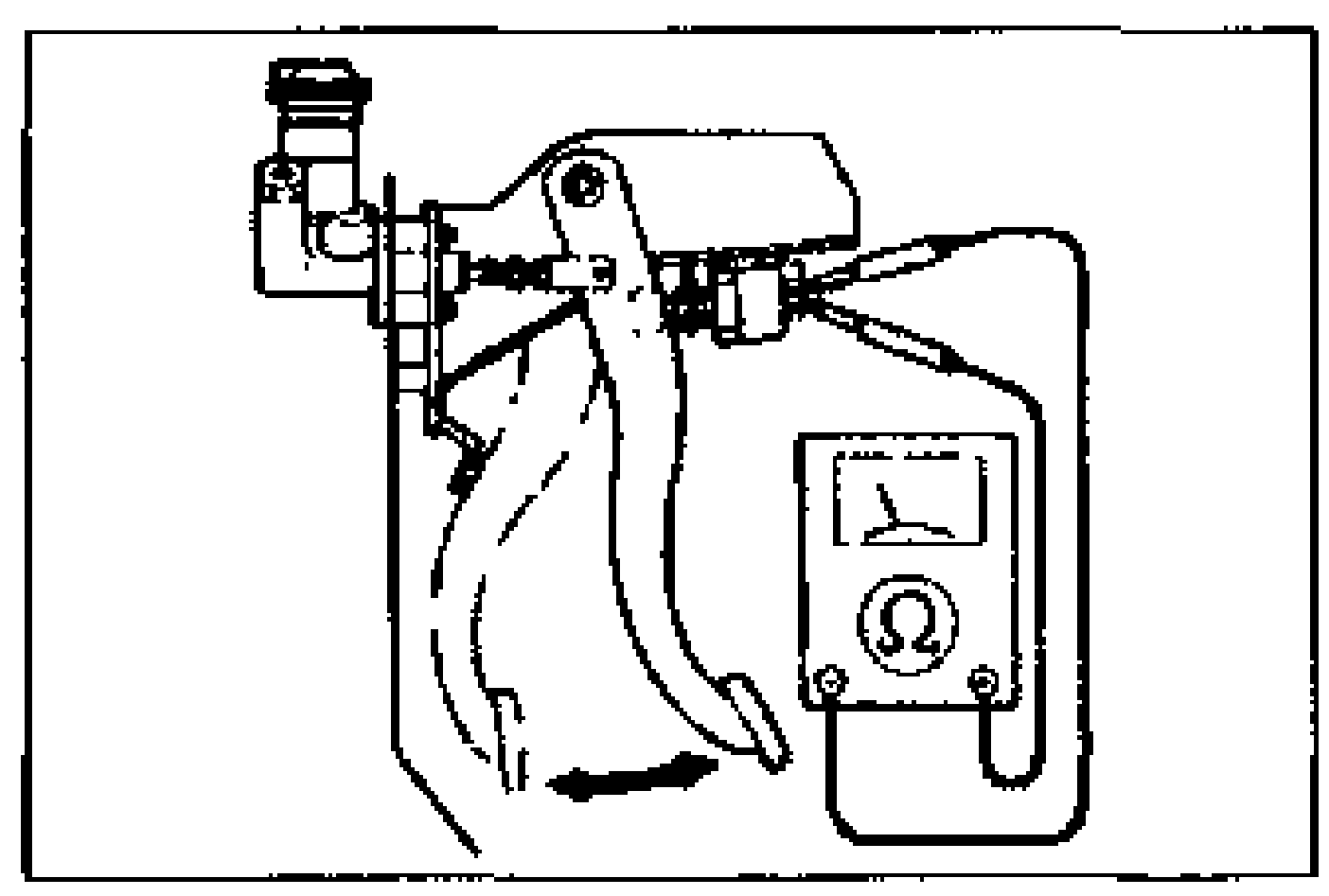 Clutch pedal area with the clutch switch and an ohmmeter connected; an arrow indicates pedal movement during continuity check.