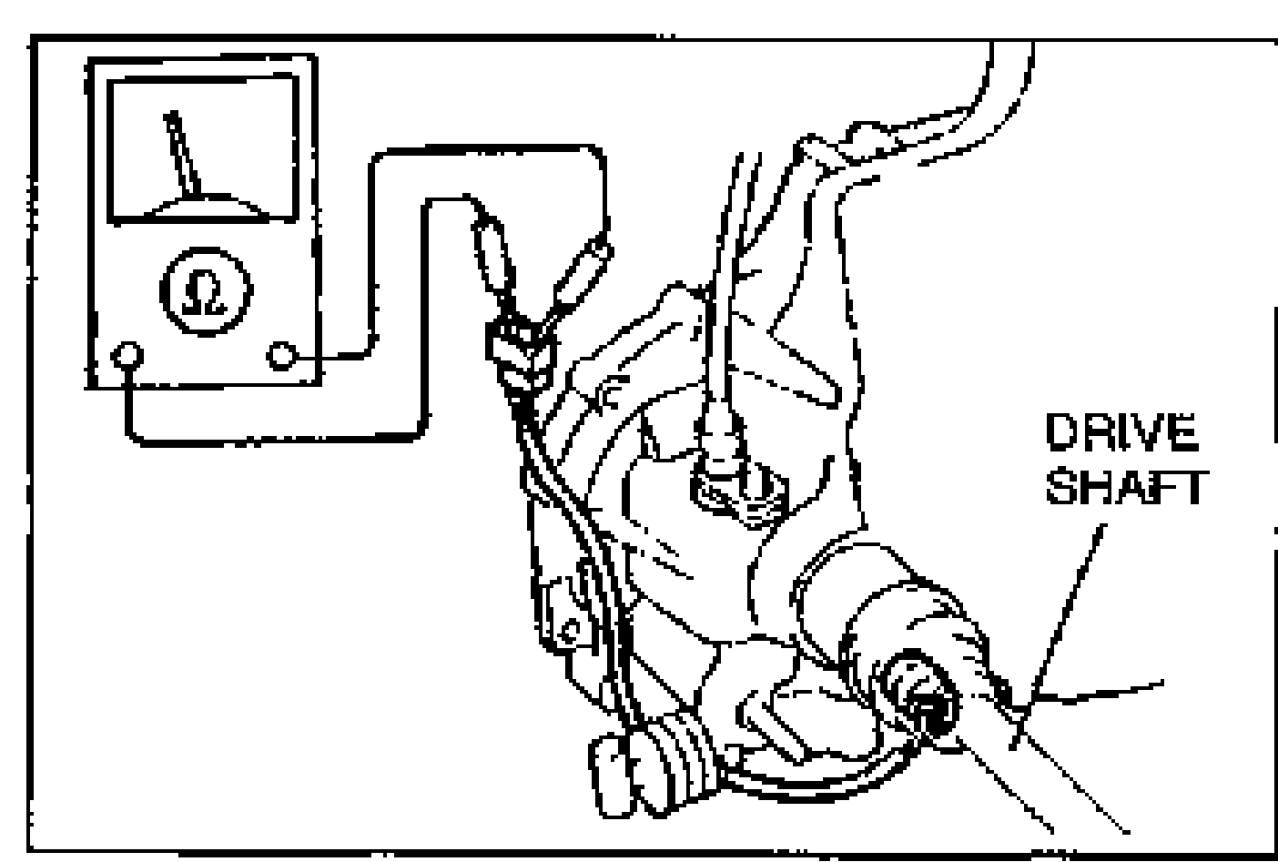 Neutral switch on the transaxle with an ohmmeter connected to the switch connector. The drive shaft is labeled for reference.