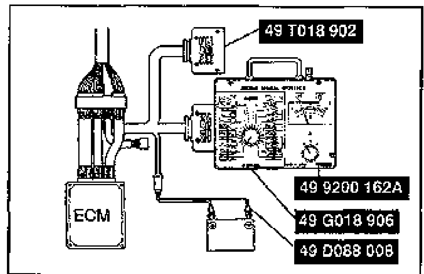 SST setup for EGR valve position sensor output voltage measurement: Engine Signal Monitor and Adapter connected to the ECM, with tool boxes labeled by part number. ECM shown at lower left.