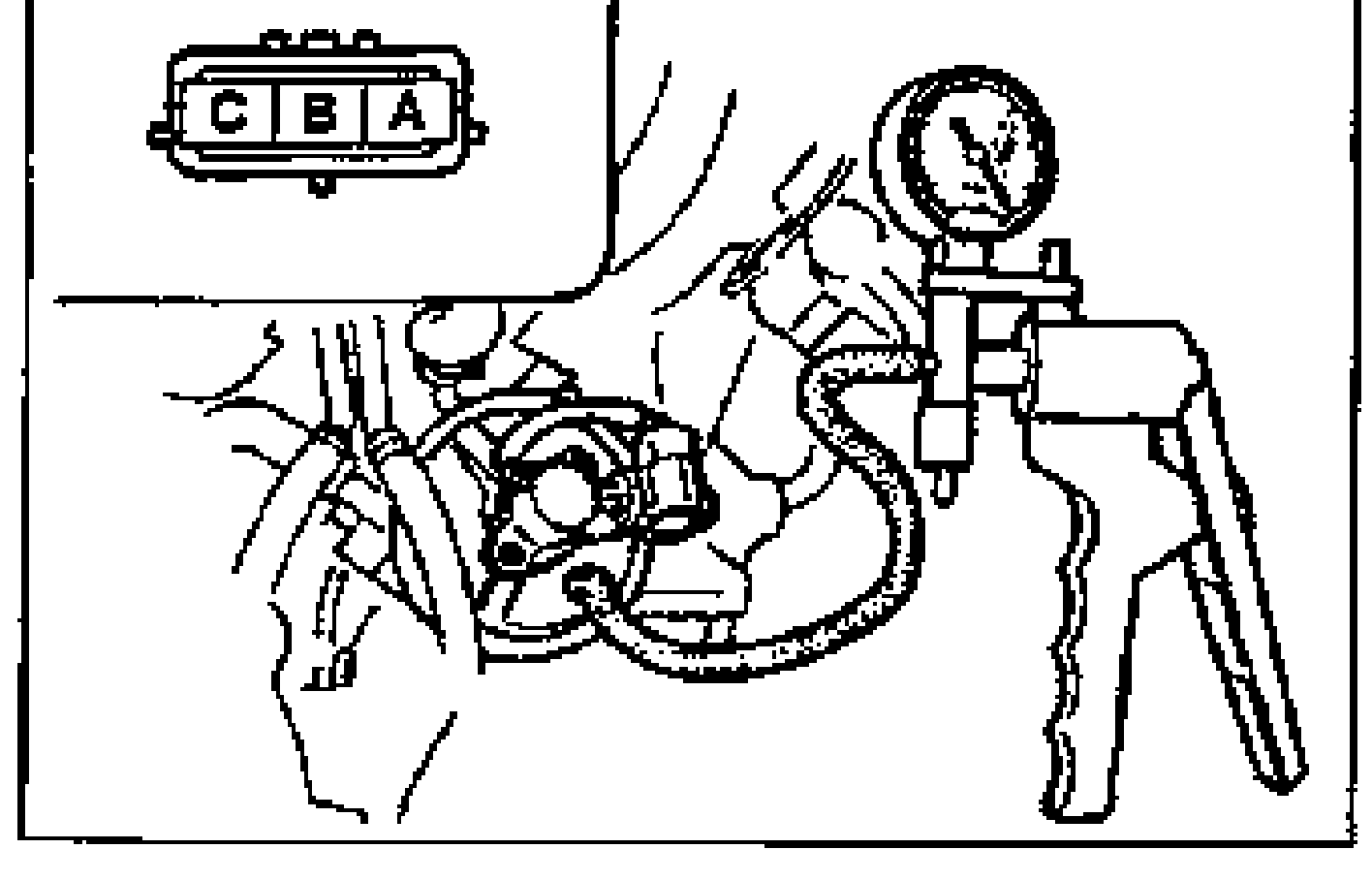 EGR valve position sensor connector (terminals C, B, A) with a vacuum pump/gauge connected to the EGR valve for the resistance inspection.