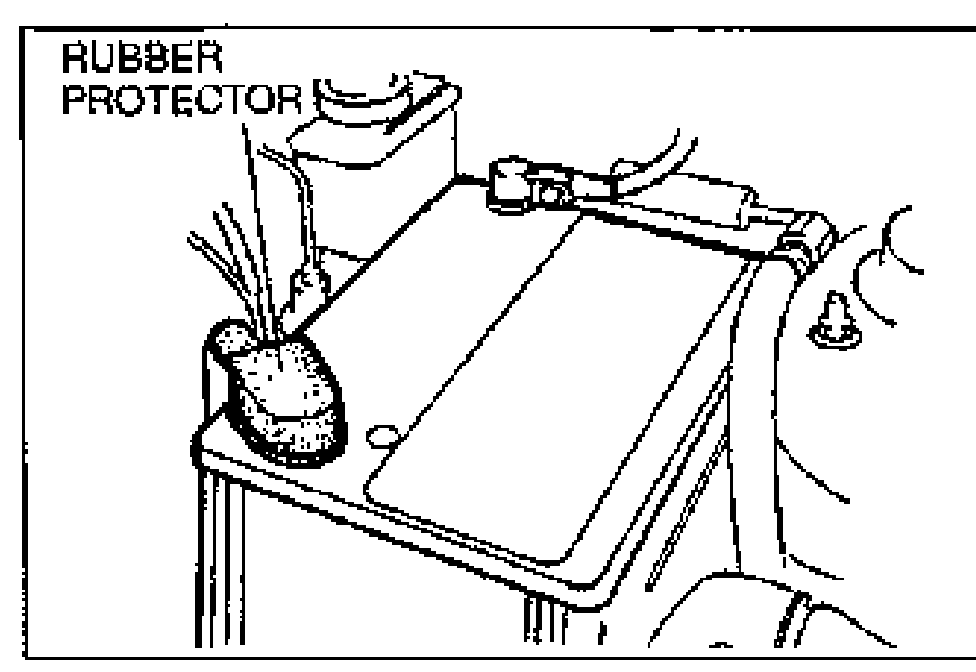 Line drawing of the battery installed in the vehicle, viewed from above, showing the terminals and cables. A label 'RUBBER PROTECTOR' points to the rubber boot over the positive terminal. Illustrates the terminal-and-cable inspection.