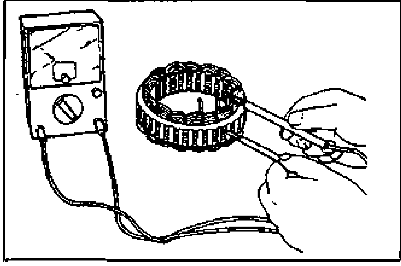 Ohmmeter probing between the stator coil leads and the core to check continuity.