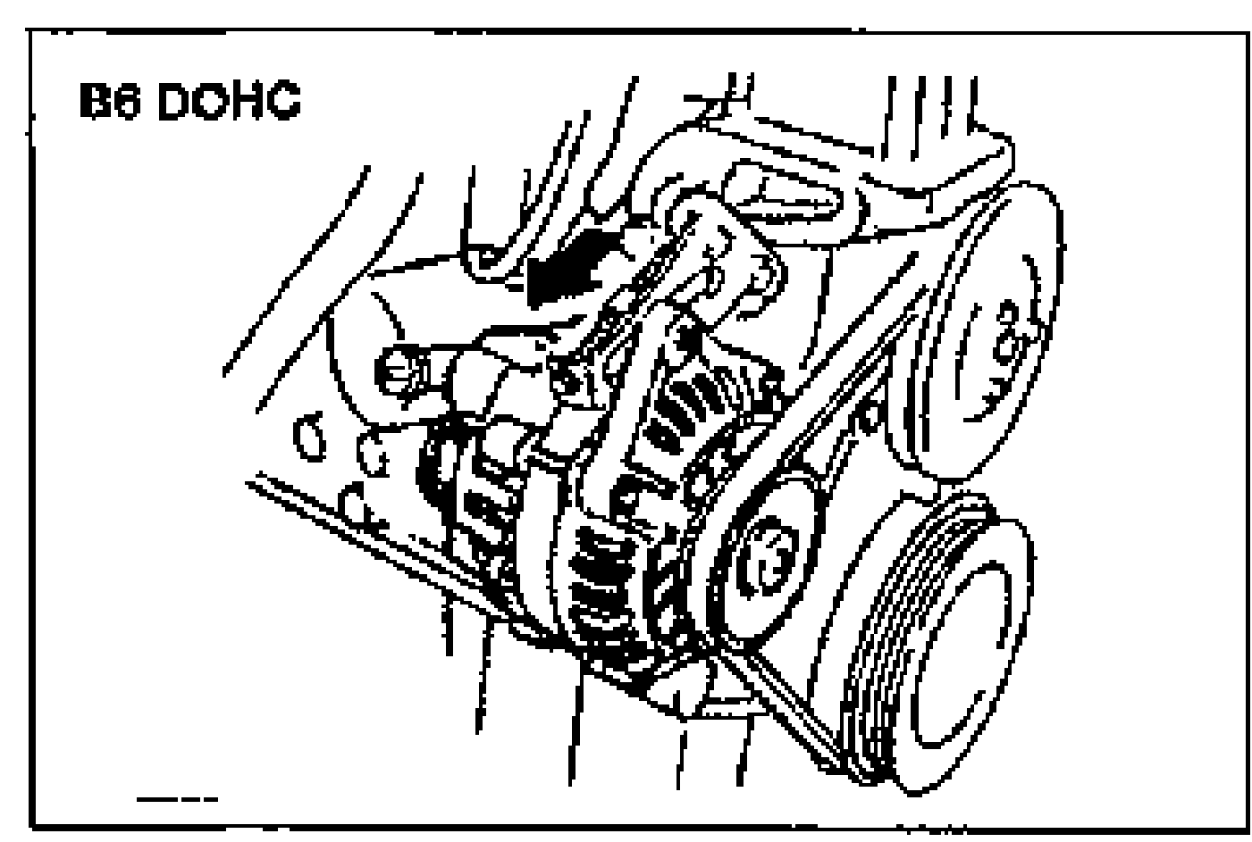 B6 DOHC generator and belt area with an arrow pointing to the generator adjusting bolt location.