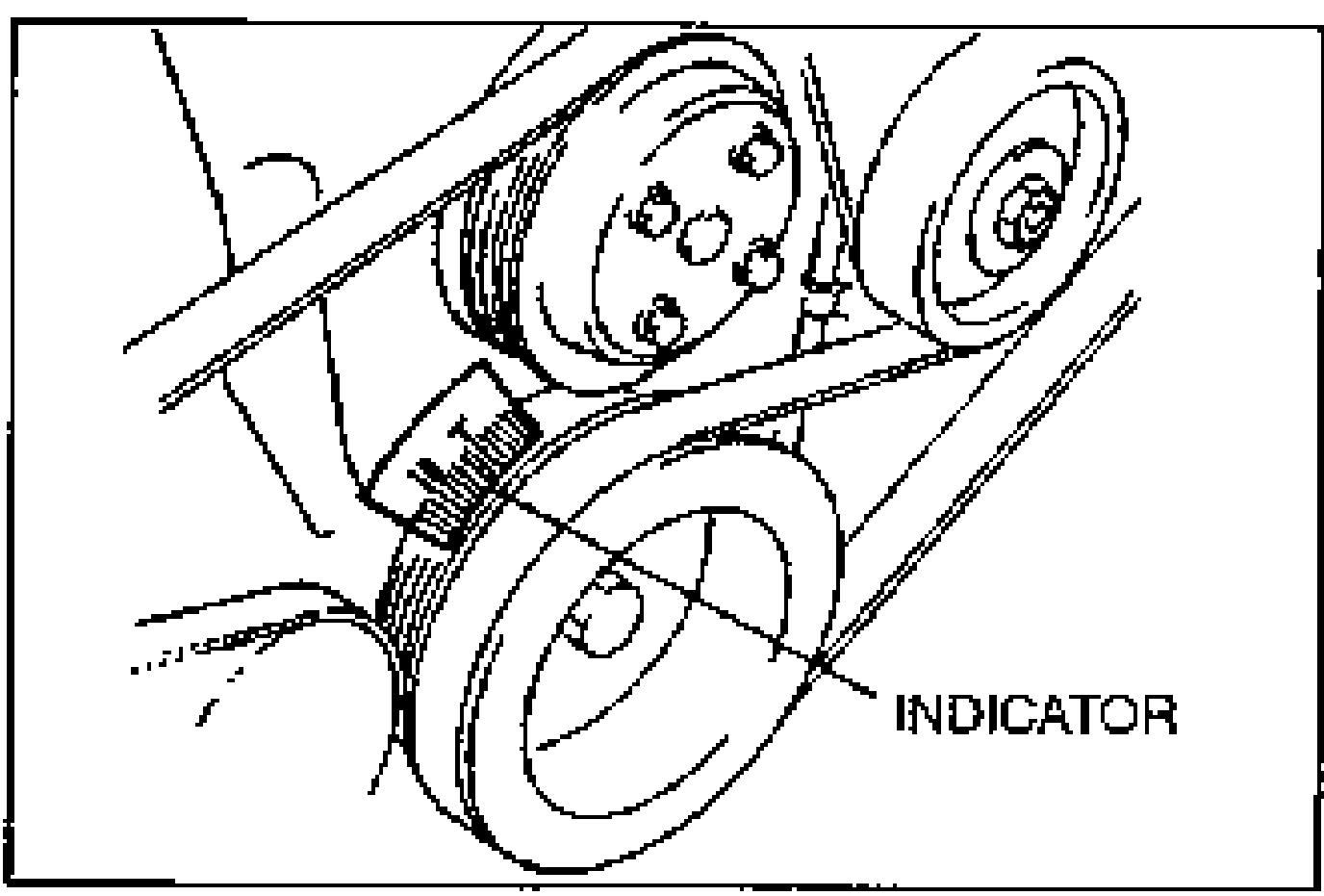 Crankshaft pulley and drive belt area with the timing indicator marked.