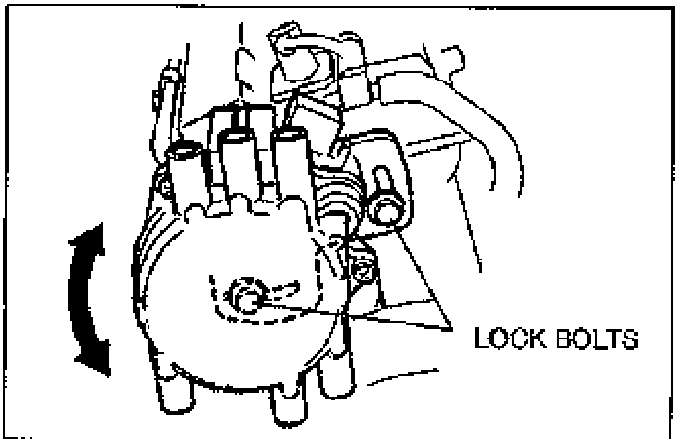 Distributor with an arrow indicating rotation direction for adjustment; the lock bolts are identified.