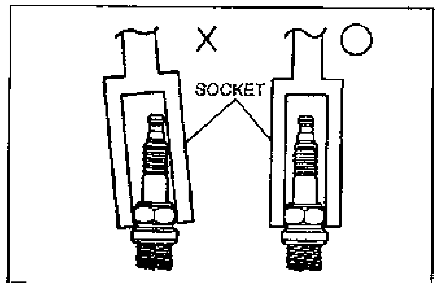 Two spark plugs in plug sockets shown side by side: left marked X (socket not fitted squarely), right marked with circle (socket fitted squarely). Labeled 'SOCKET'.