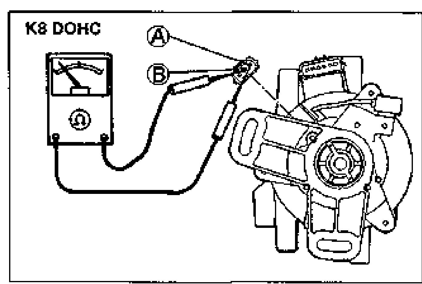 K8 DOHC: ohmmeter connected to distributor terminals A and B to measure primary coil winding resistance. Labeled 'K8 DOHC'.