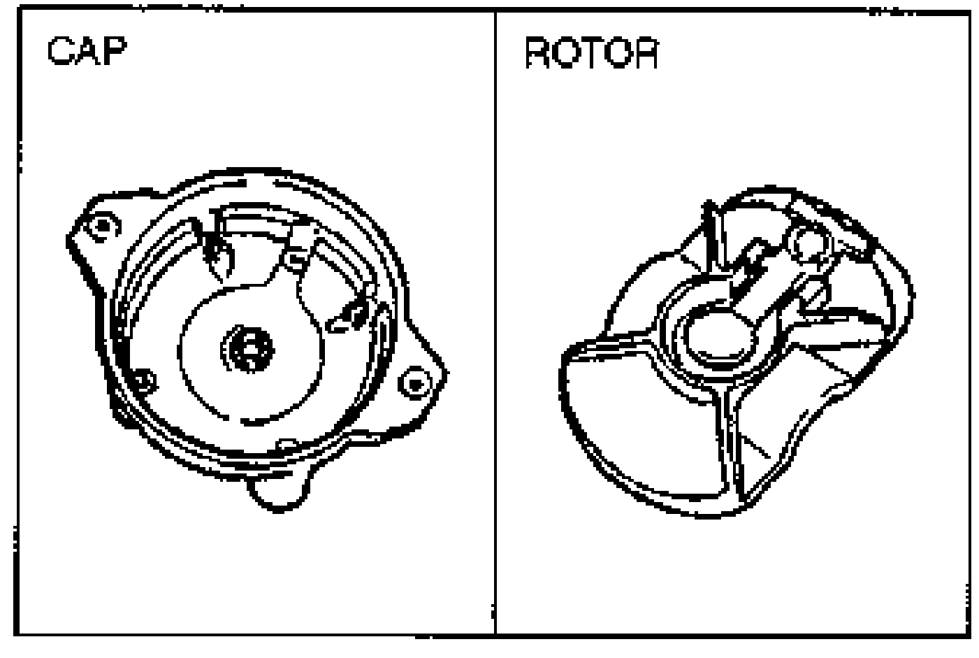 B6 DOHC inspection illustrations: left panel labeled CAP shows the distributor cap interior; right panel labeled ROTOR shows the rotor. Used to check for corrosion, damage, and cracks.