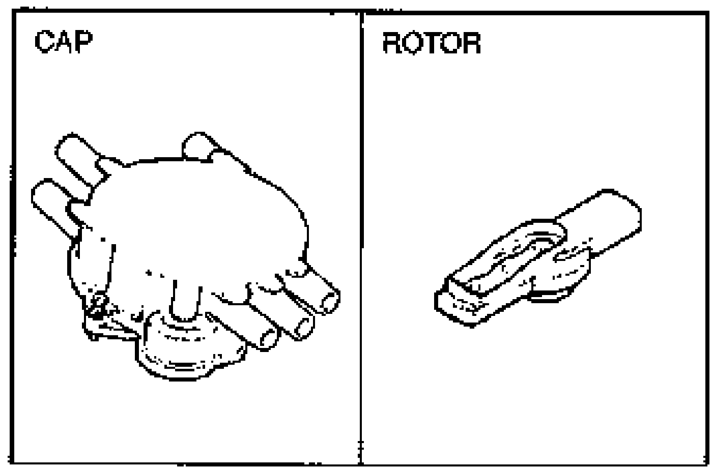 K8 DOHC inspection illustrations: left panel labeled CAP shows the distributor cap; right panel labeled ROTOR shows the rotor. Used to check for corrosion, damage, and cracks.