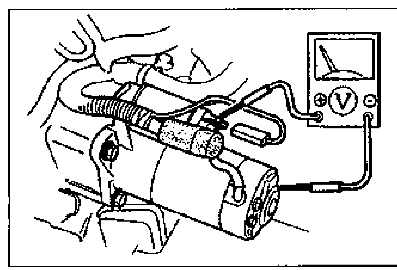 On-vehicle voltage check of the starter. A voltmeter is connected to the starter terminal with the engine bay components in the background. Probes touch the starter terminal stud.