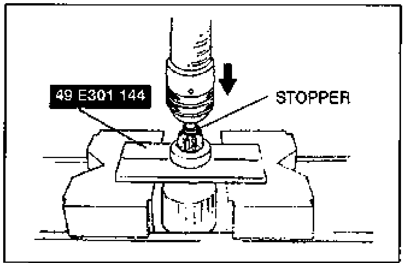 Assembly Note for the drive pinion. The SST 49 E301 144 is used to press the stopper onto the shaft, shown pressing downward onto the STOPPER.