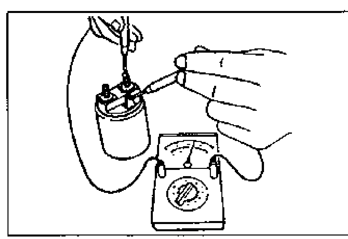 Hand using an ohmmeter to check continuity between terminals S and M on the magnetic switch.