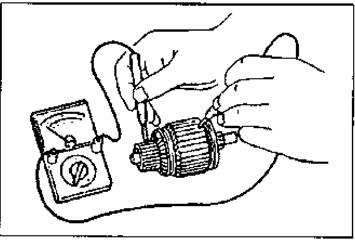 Hand using an ohmmeter to check continuity between the commutator and the core of the armature.