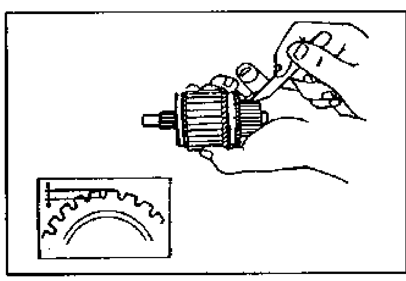 Hand holding the armature; inset diagram shows measuring the segment (mica) groove depth between commutator segments.