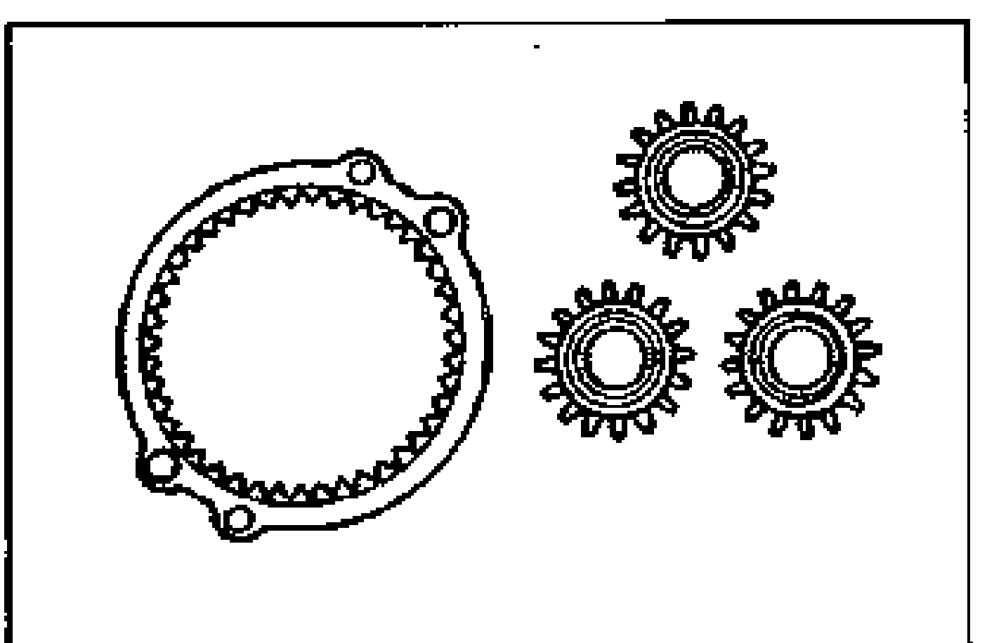 Internal gear (ring gear) and three planetary gears laid out, checked for wear or damage.