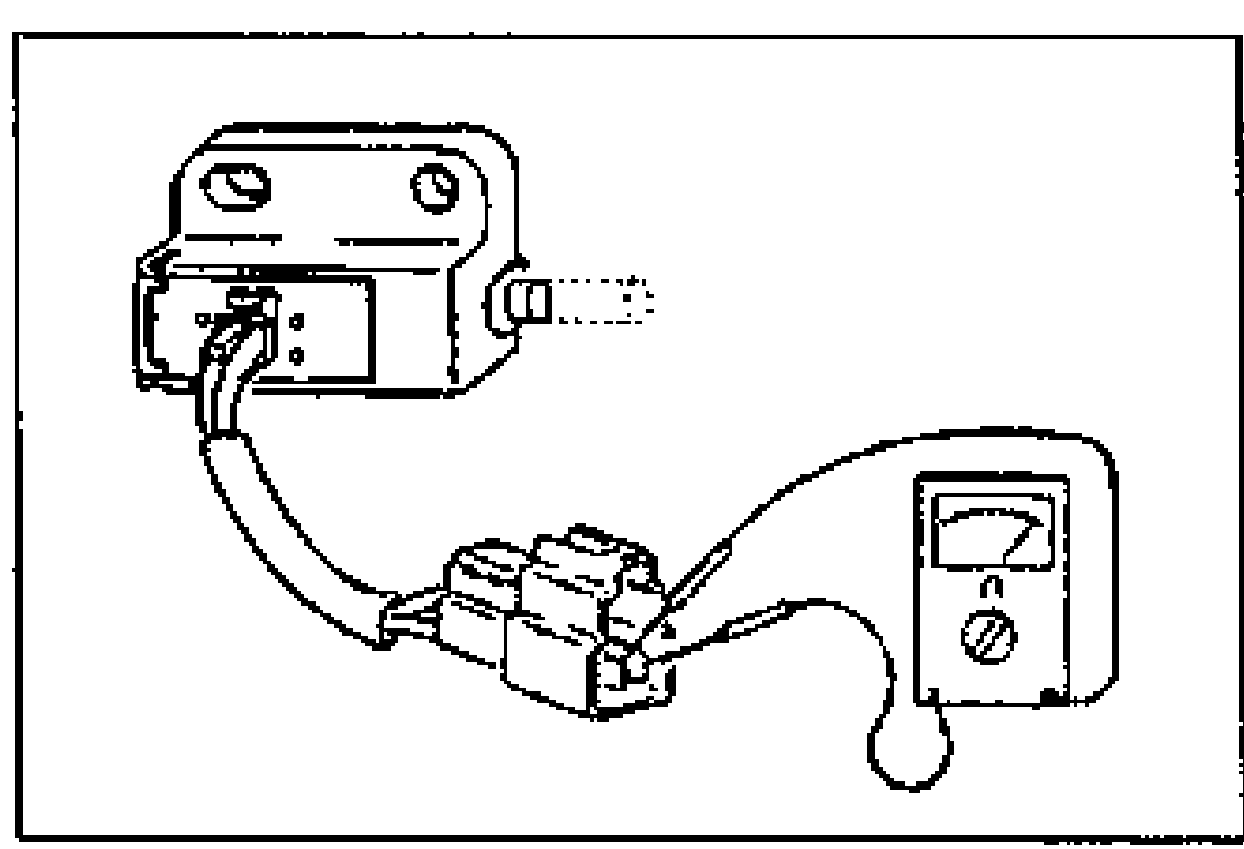 Starter interlock switch with its connector disconnected and an ohmmeter connected to the switch terminals to check continuity.