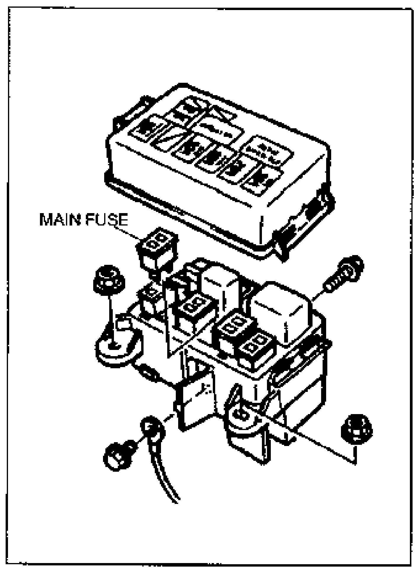 Exploded view of the main fuse block, showing the main fuse, mounting nuts, mounting bolts, and the fuse block lid. The main fuse is labeled.