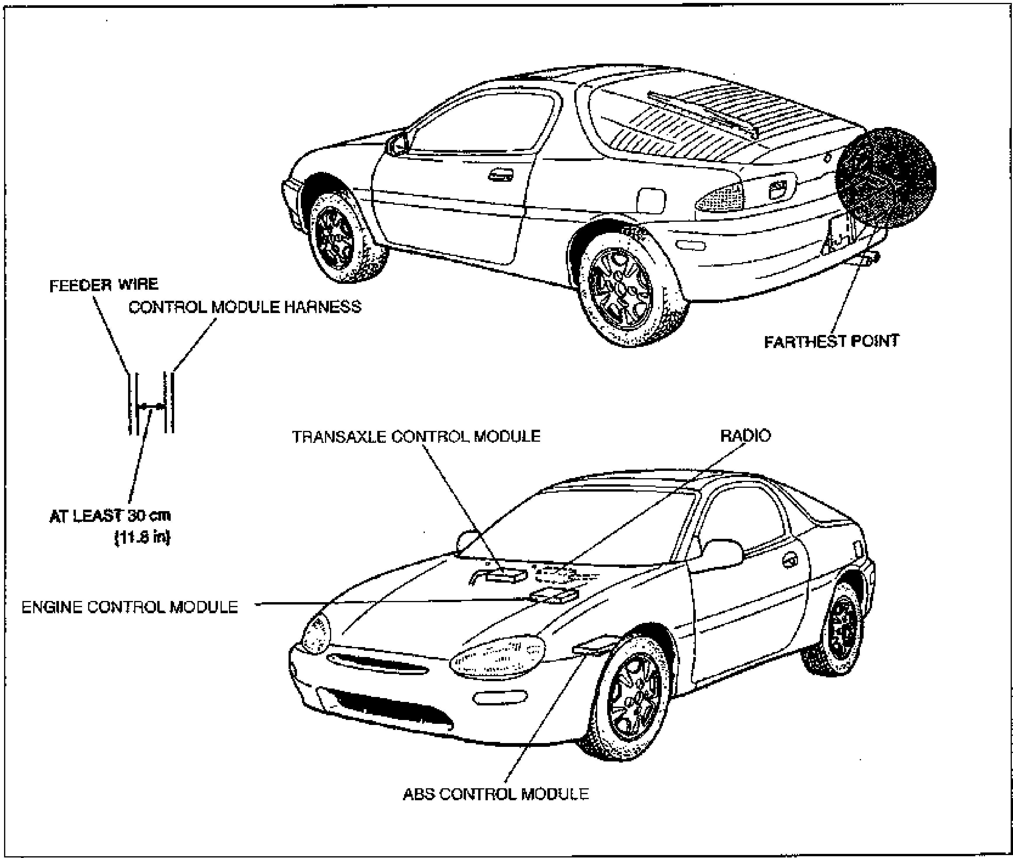 Composite illustration for radio installation precautions. Top: rear three-quarter view of the MX-3 with the antenna at the FARTHEST POINT from the control modules. Lower left: detail of the feeder wire routed at least 30 cm (11.8 in) away from the control module harness. Lower right: front three-quarter view of the MX-3 with callouts to TRANSAXLE CONTROL MODULE, RADIO, ENGINE CONTROL MODULE, and ABS CONTROL MODULE locations.