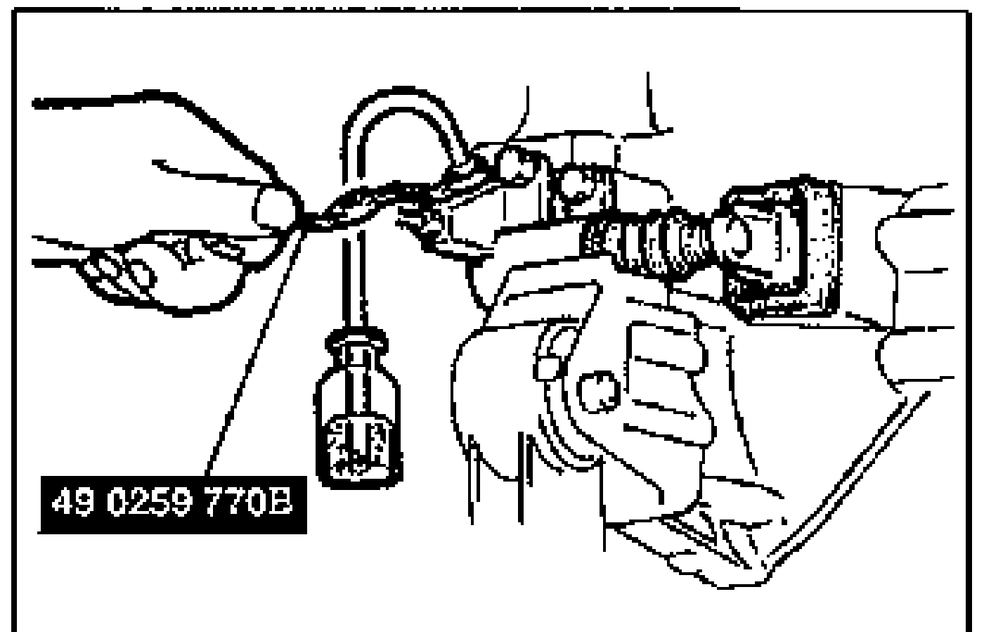 Illustration of a hand using the SST flare-nut wrench (49 0259 770B) to loosen the bleeder screw on the clutch release cylinder, with a vinyl hose running into a clear container to collect escaping fluid.