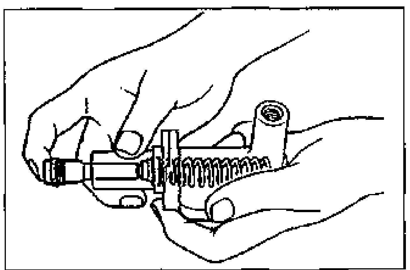 Line illustration of a hand assembling the spring, primary cup, spacer, and piston and secondary cup assembly into the master cylinder body; the spring and piston components are visible laid out in the hand.