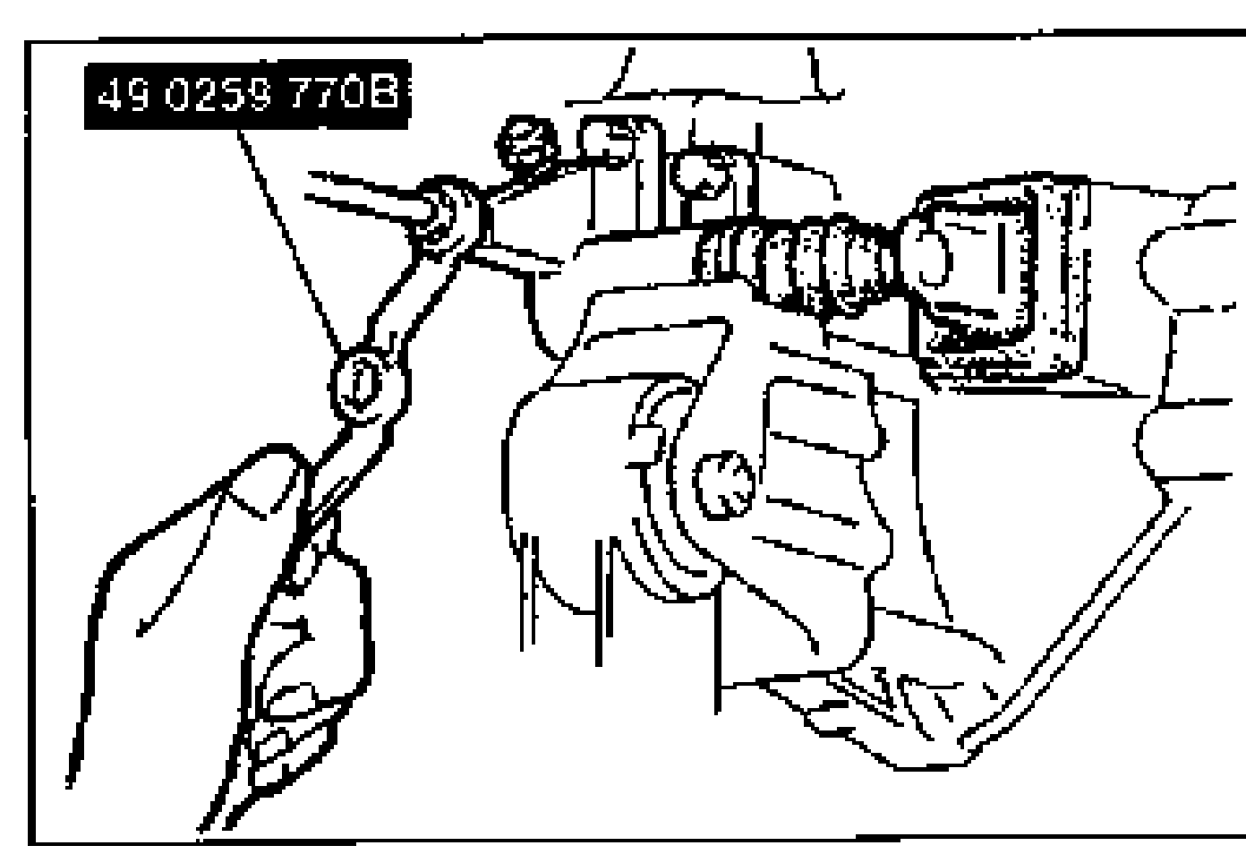 Installation-note illustration showing SST 49 0259 770B flare-nut wrench used to tighten the clutch pipe at the release cylinder.