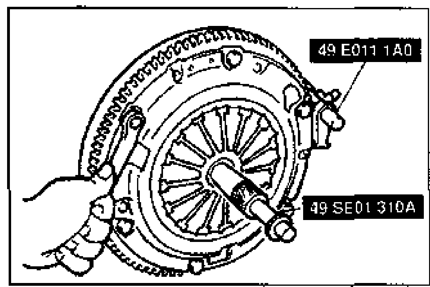 Removal-note illustration of the clutch cover and disc supported by SST 49 SE01 310A centering tool with SST 49 E011 1A0 ring-gear brake engaged; bolts loosened in a crisscross pattern.