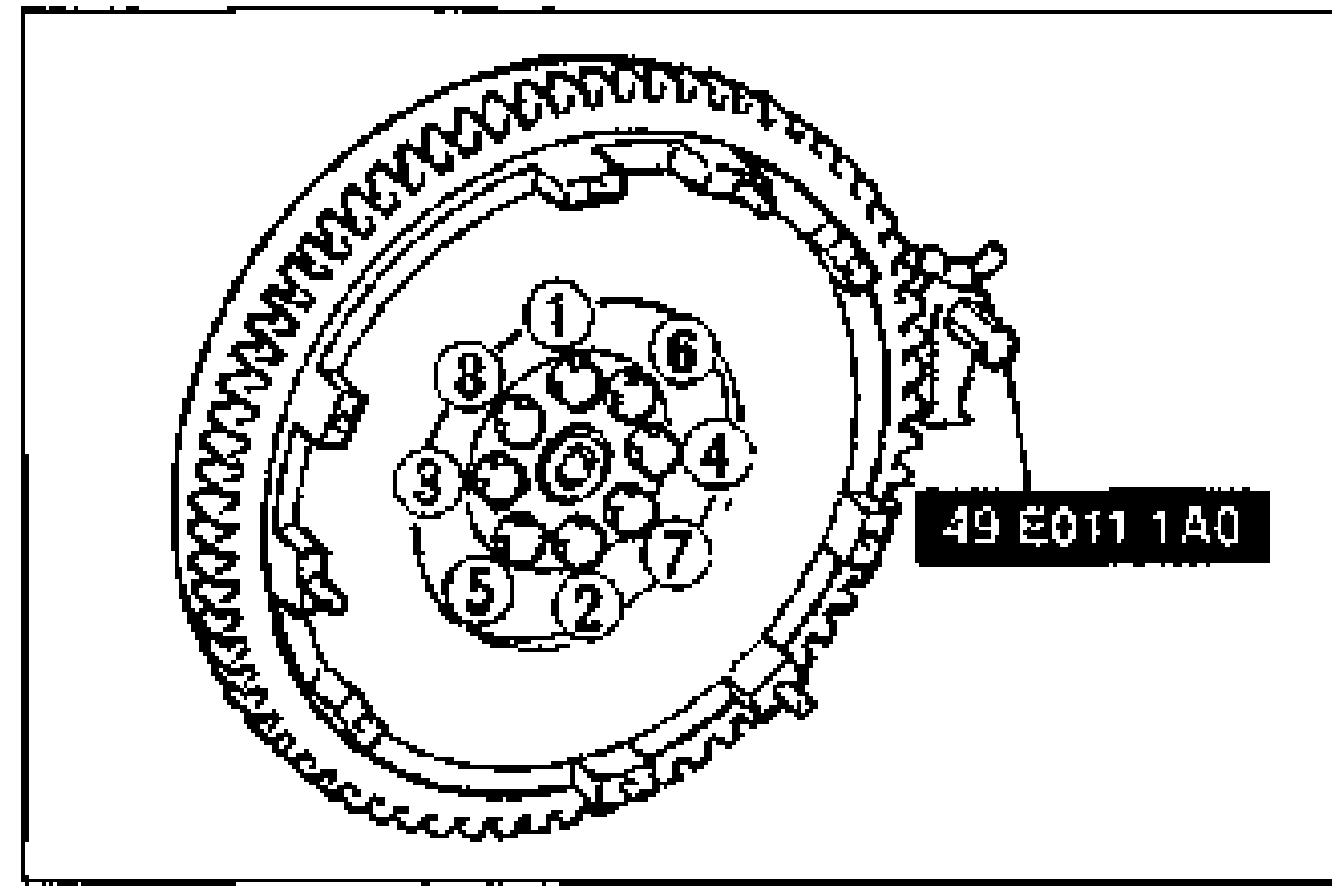 Flywheel removal showing the bolt loosening sequence (numbered 1-8) in a crossing pattern, with SST 49 E011 1A0 ring-gear brake engaged.