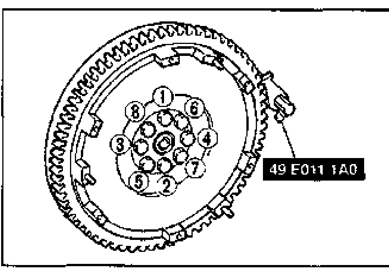 Flywheel installation showing the bolt tightening sequence (numbered 1-8) in a crossing pattern, with SST 49 E011 1A0 ring-gear brake engaged.