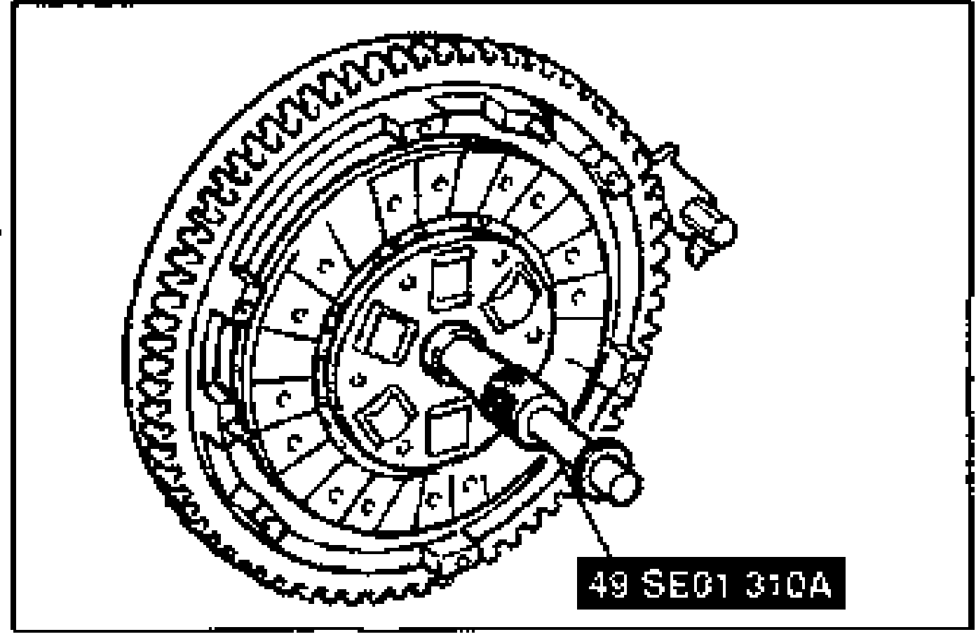 Clutch disc held in position on the flywheel using SST 49 SE01 310A centering tool.