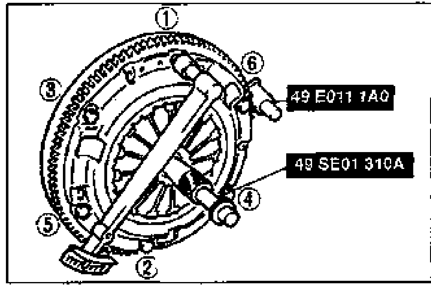 Clutch cover installation showing the bolt tightening sequence (numbered 1-6) with SST 49 E011 1A0 ring-gear brake and SST 49 SE01 310A centering tool in place.