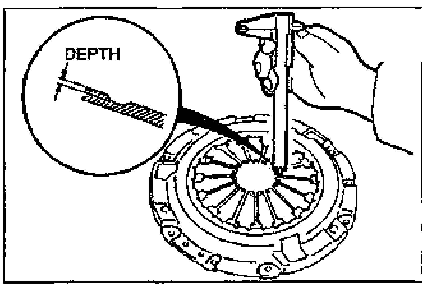 Inspection of clutch cover diaphragm spring finger wear using a depth gauge; magnified inset shows the DEPTH measurement point at the finger tip.