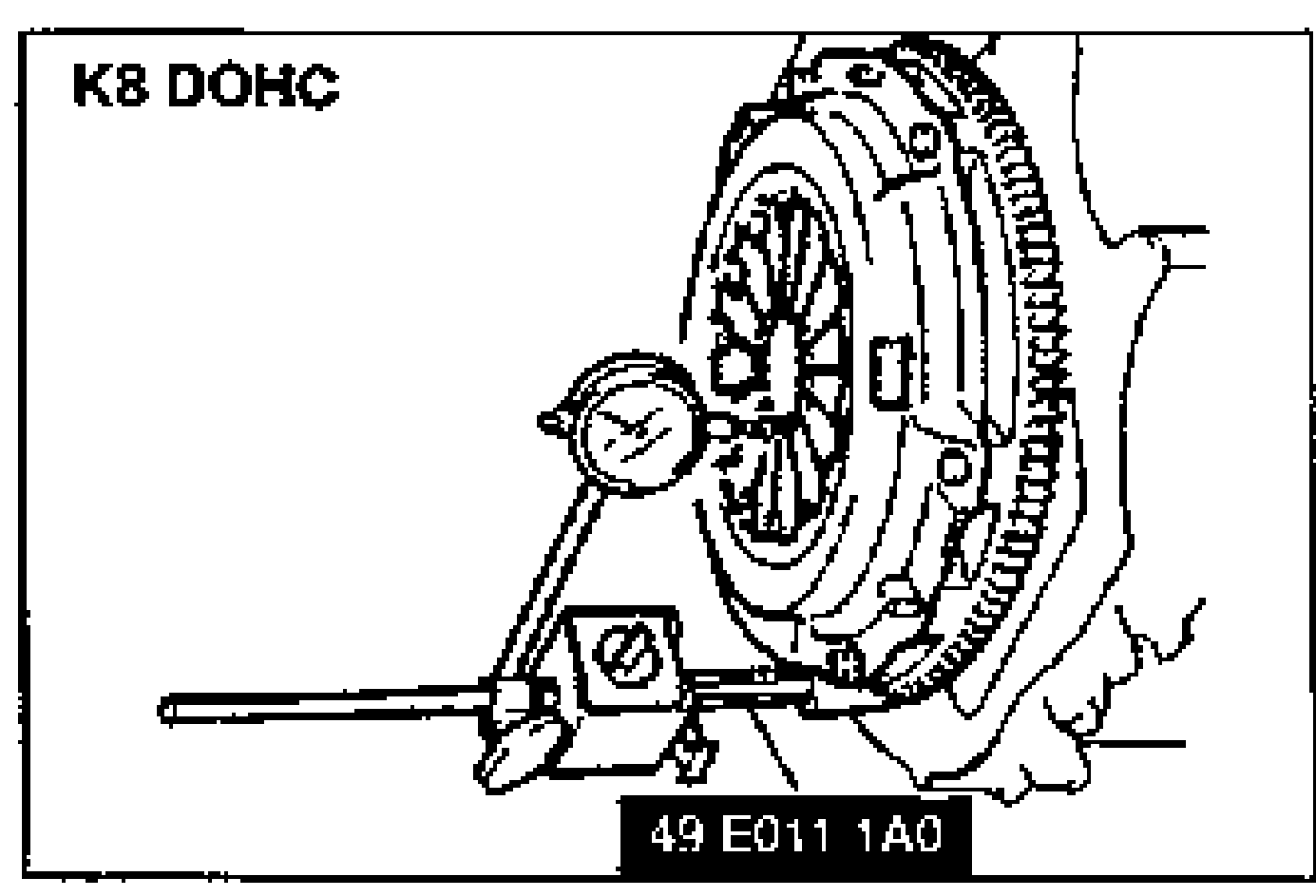 K8 DOHC clutch cover: dial indicator held with SST 49 E011 1A0 to check runout of the diaphragm spring fingers, since the aluminum block will not hold a magnetic base.